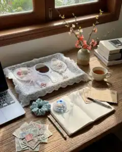 Bộ đồ handmade tinh xảo trên bàn làm việc gần cửa sổ.